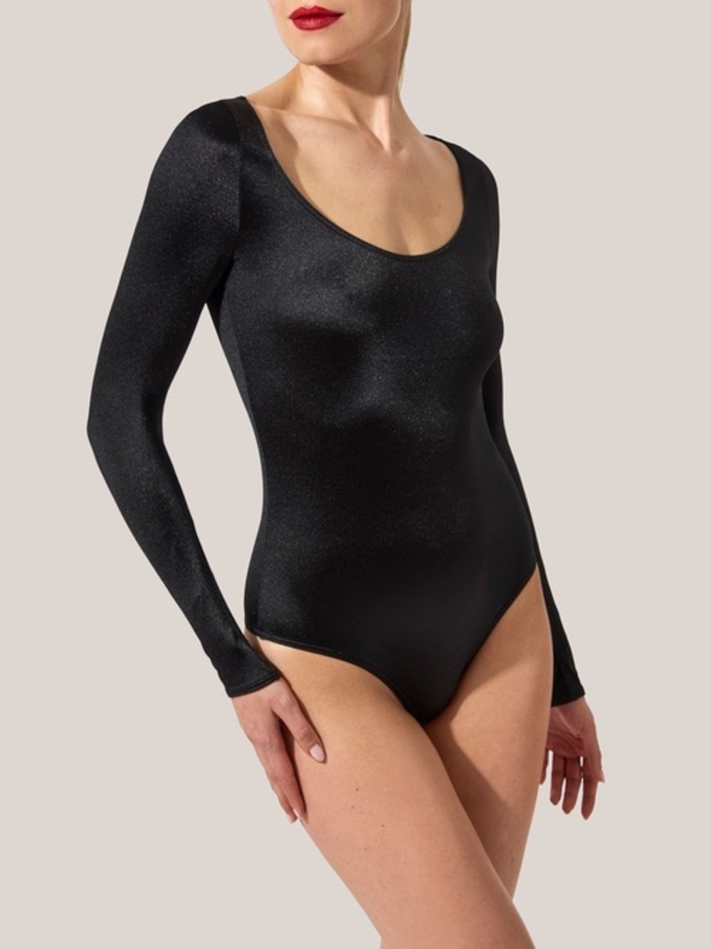 $245 Wolford Satin de Luxe Bodysuit Black Long Sleeve Wide Neck Stretch XS